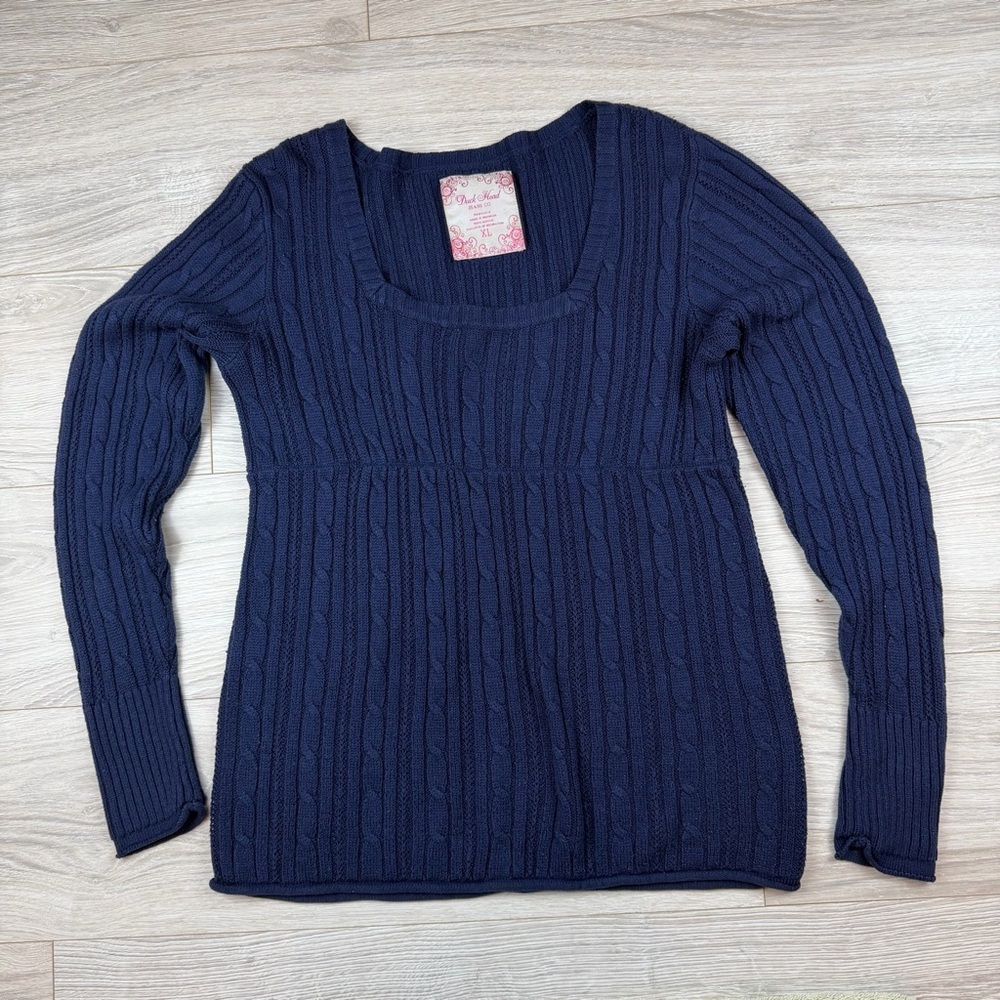 Duck Head Vintage Y2K‎ Navy Blue Cable Knit Babydoll Square Neck Sweater XL